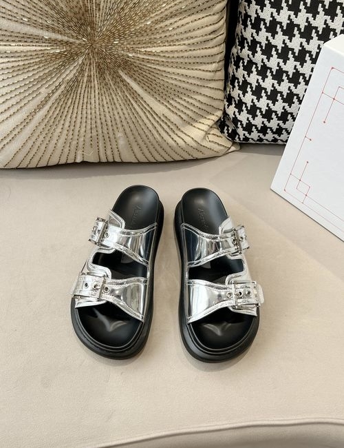 McQueen Leather Slippers With Metal Buckle, Comfortable, Versatile