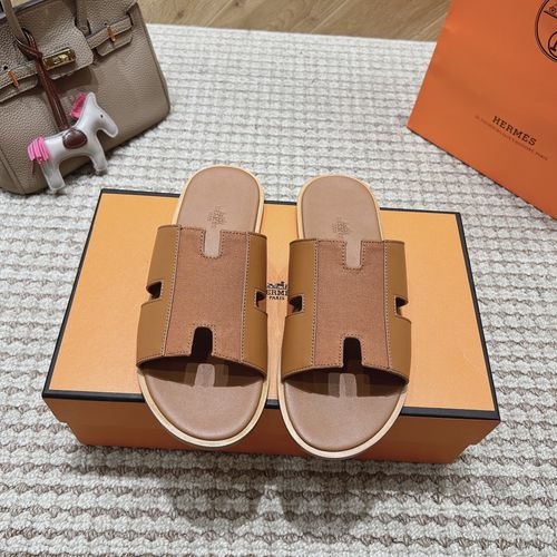 Hermes Brown Leather Slides Sheepskin Lining Leather Outsole
