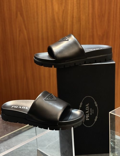 Prada Leather Slide Sandals With Magic Tape