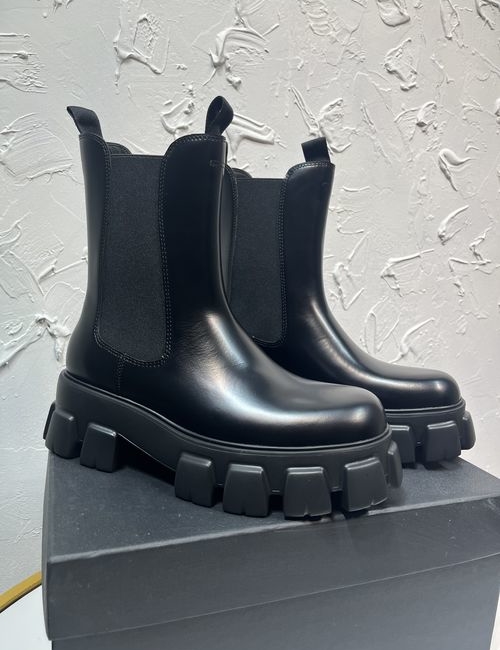 Prada Enamel Logo Round Toe Martin Boots