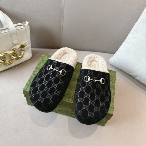Gucci Wool Clogs GG Suede Upper Merino Wool Lining Rubber Sole