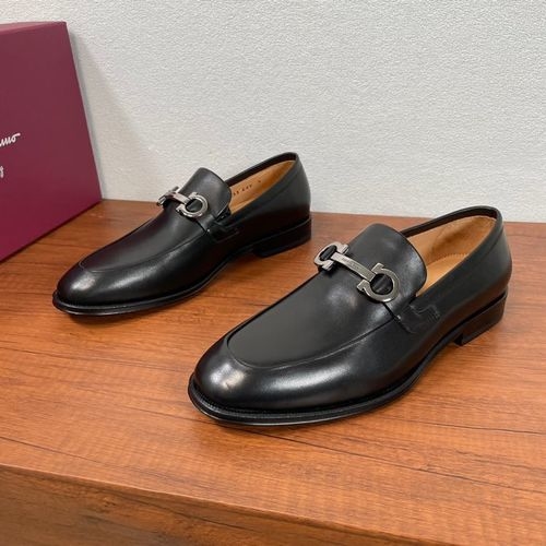 Ferragamo Leather Slip On Loafers With Metal Accent