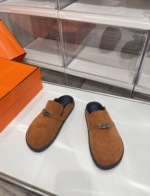 Hermes Kelly Buckle Birken-Style Slippers With Suede Upper