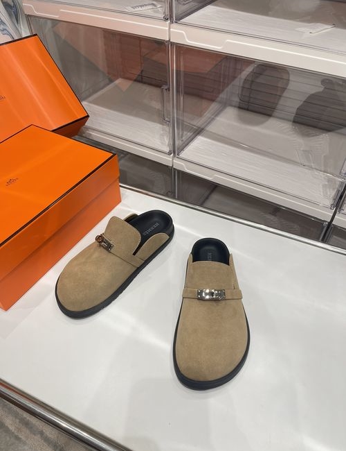 Hermes Kelly Buckle Birken-Style Slippers With Suede Upper