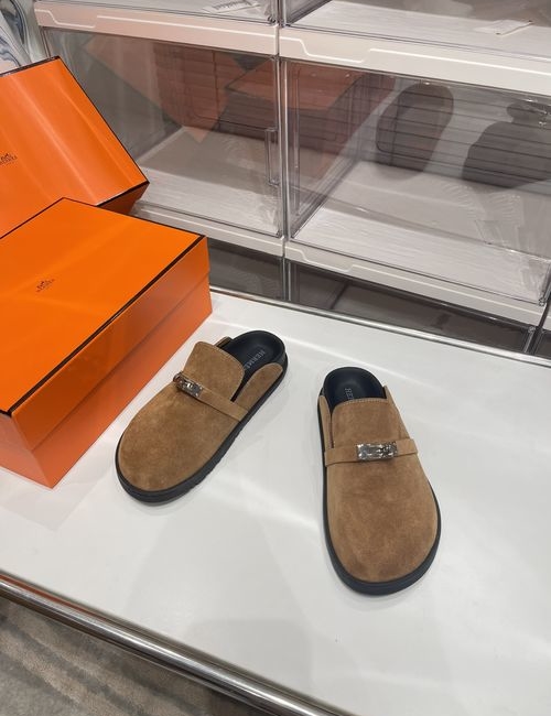 Hermes Kelly Buckle Birken-Style Slippers With Suede Upper