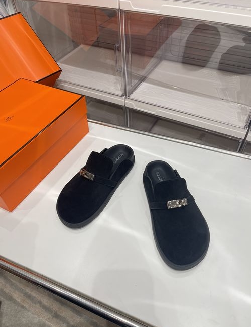 Hermes Kelly Buckle Birken-Style Slippers With Suede Upper