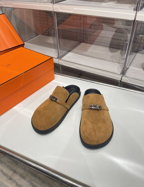 Hermes Kelly Buckle Birken-Style Slippers With Suede Upper