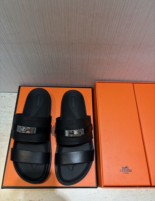 Hermes H Metal Buckle Calfskin Slippers