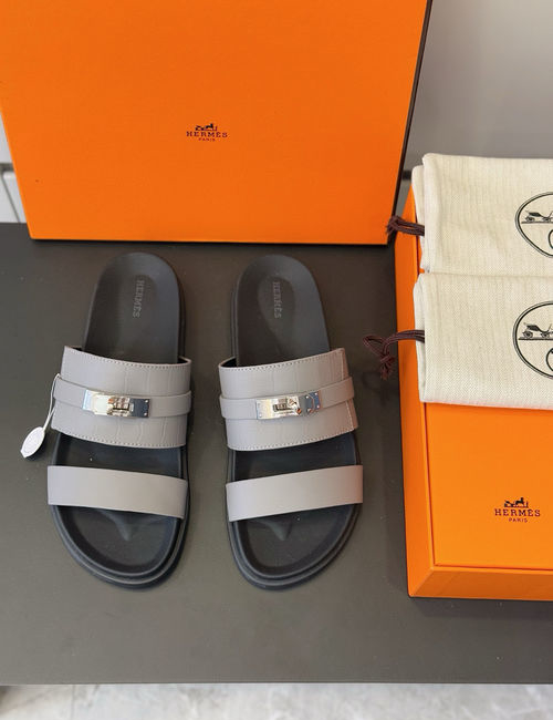 Hermes Leather Slippers Metal Buckle Cowhide Upper