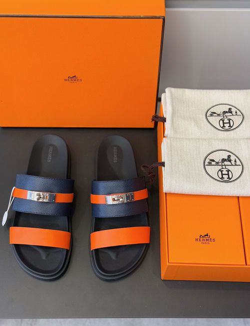 Hermes Leather Slippers Metal Buckle Cowhide Upper