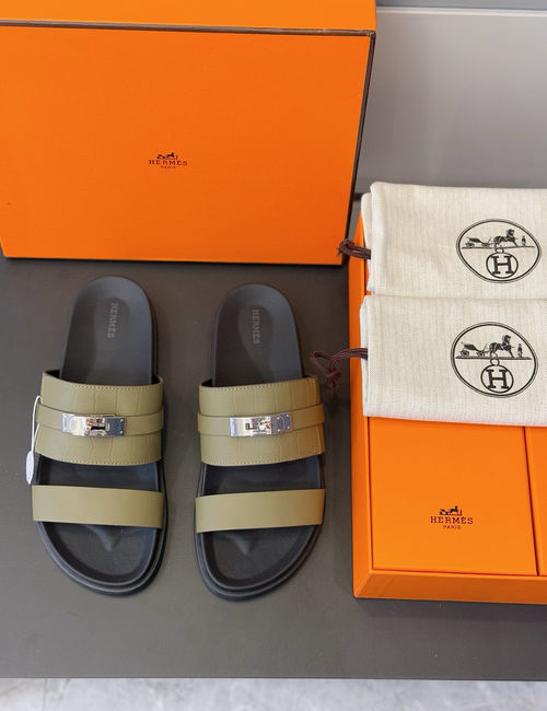 Hermes Leather Slippers Metal Buckle Cowhide Upper