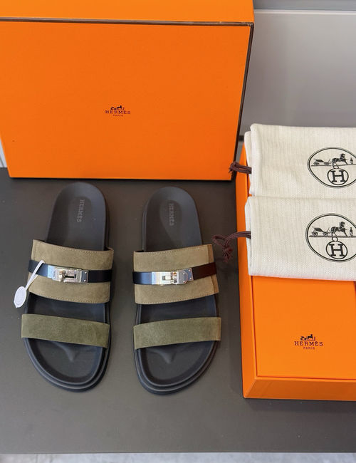 Hermes Leather Slippers Metal Buckle Cowhide Upper