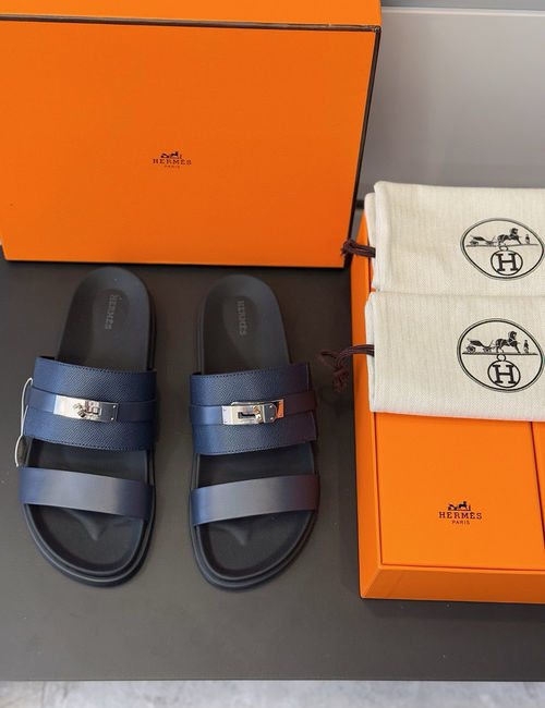 Hermes Leather Slippers Metal Buckle Cowhide Upper