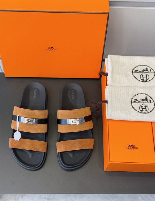 Hermes Leather Slippers Metal Buckle Cowhide Upper