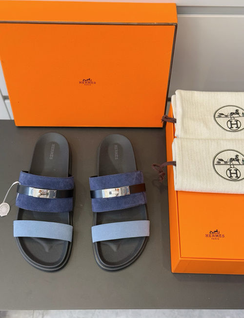 Hermes Leather Slippers Metal Buckle Cowhide Upper
