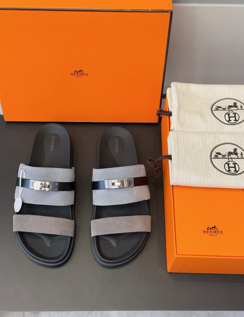 Hermes Leather Slippers Metal Buckle Cowhide Upper