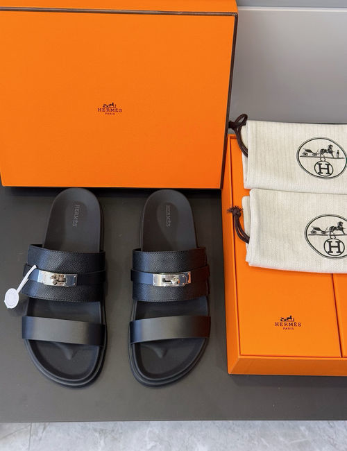 Hermes Leather Slippers Metal Buckle Cowhide Upper