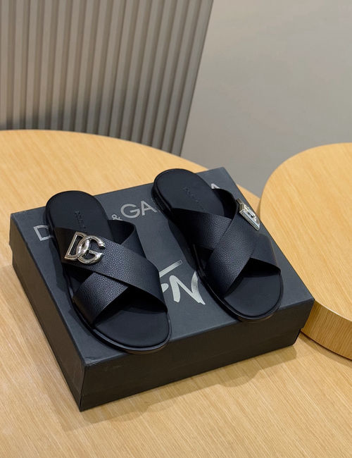 Dolce & Gabbana DG Logo Slides Leather Upper Leather Outsole