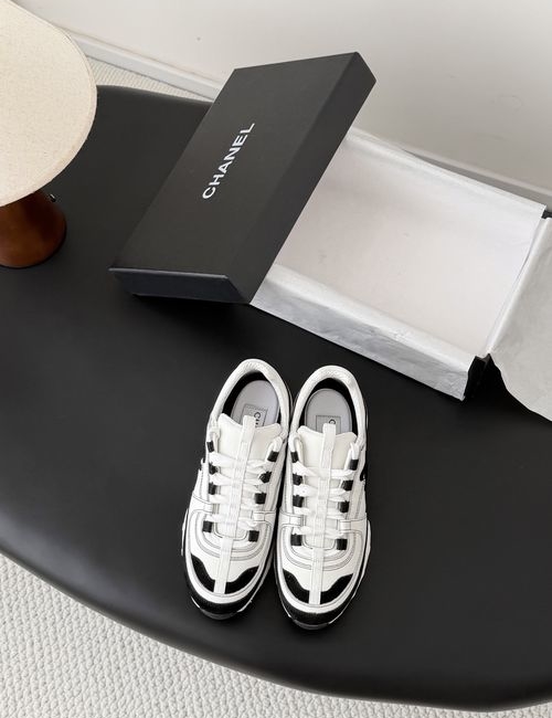Chanel Versatile White Sneakers, Color Block Design, Side Embossed Logo, Original Material Upper