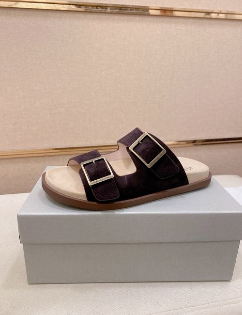 Brunello Cucinelli BC Suede Leather Adjustable Slide Sandals