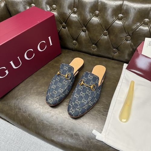 Gucci Blue Canvas Mules Gold Buckle Apricot Lining