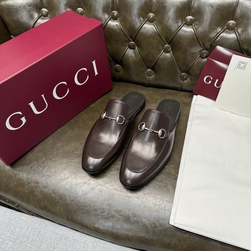 Gucci Coffee Calfskin Mules Silver Buckle Black Lining