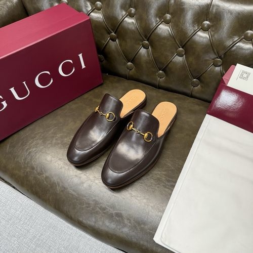 Gucci Coffee Calfskin Mule Gold Buckle Apricot Lining