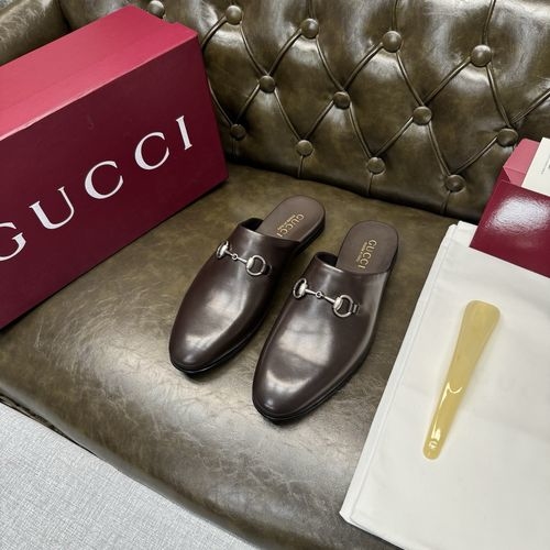 Gucci Coffee Calfskin Mule Silver Buckle Coffee Lining