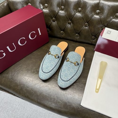 Gucci Light Blue Canvas Mule Gold Buckle Apricot Lining