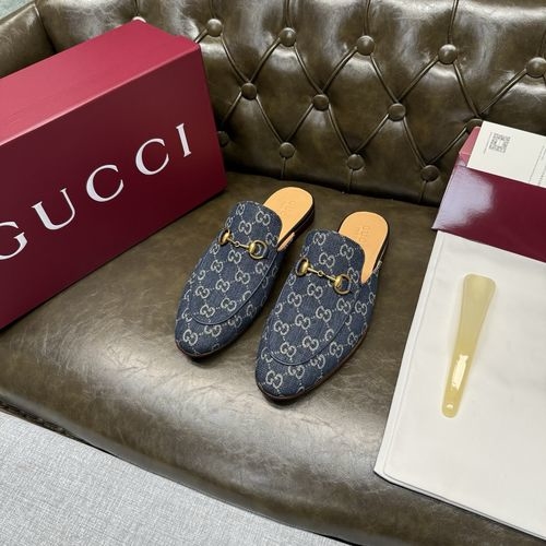 Gucci Navy Canvas Mule Gold Buckle Apricot Lining