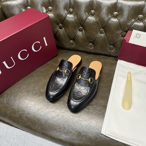 Gucci Embossed Calfskin Mule Gold Buckle Apricot Lining
