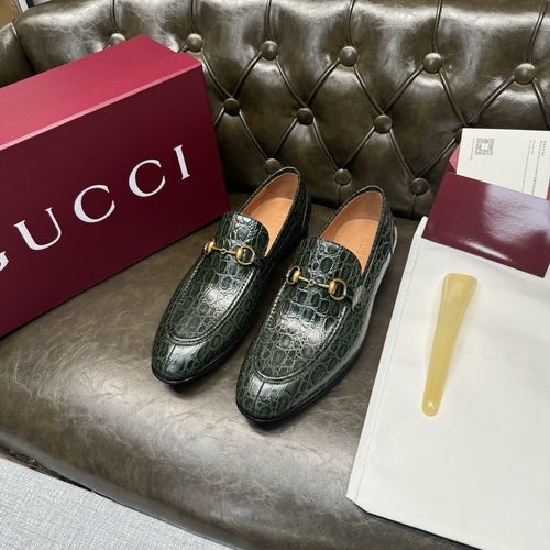 Gucci Dark Green Croc-embossed Leather Shoes