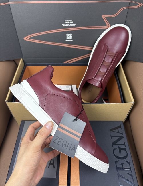 Zegna Burgundy Smooth Leather Slip-On Casual Shoes