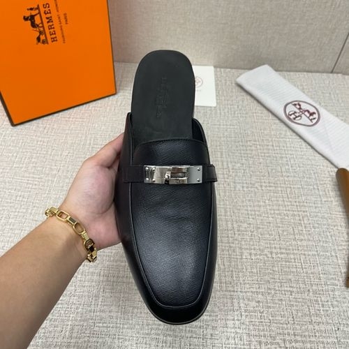 Hermes Cowhide Leather Mules With Metal Buckle