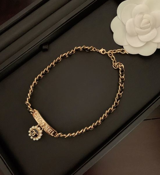 Chanel Trendy Short Black Leather Brass Necklace