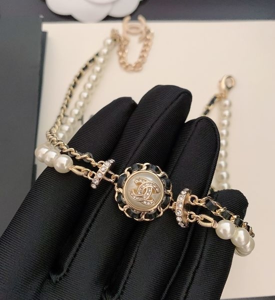 Chanel Black Leather Pearl Choker Necklace