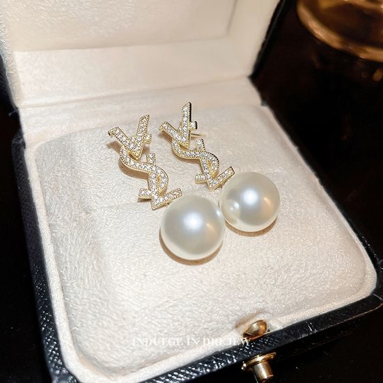 Yves Saint Laurent YSL Crystal Letter Pearl Stud Earrings