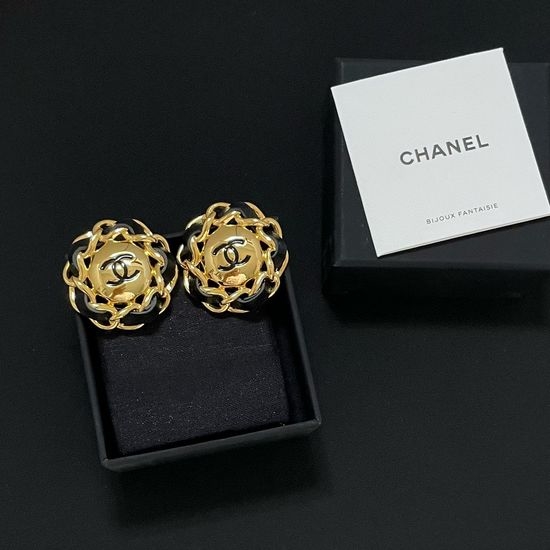 Chanel Vintage Black Leather Clip On Earrings