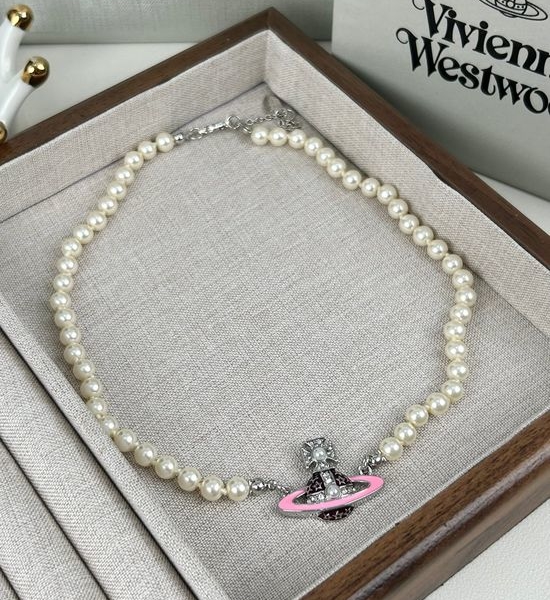 Vivienne Westhood Pink Enamel Saturn Pearl Necklace