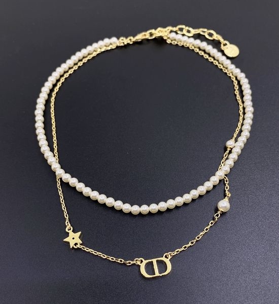 Christian Dior CD Double-Layer Pearl Necklace in Brass