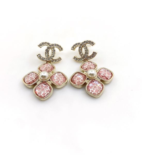 Chanel Pink Crystal Drop Earrings Brass Material