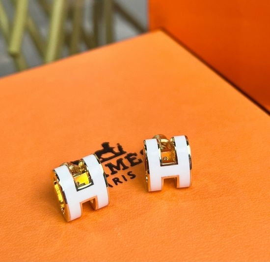 Hermes Hermes H Enamel Oval Earrings, Silver Tone