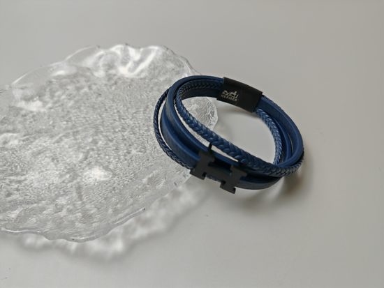 Hermes Multi Layer Leather Wristband Blue Classic