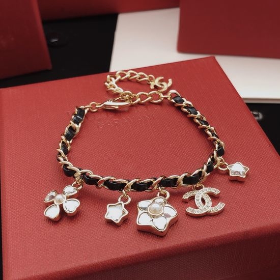 Chanel Leather Clover Star Brass Bracelet