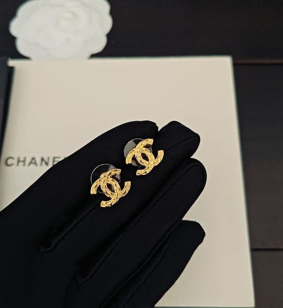 Chanel Gold Plaid Stud Earrings Brass Material