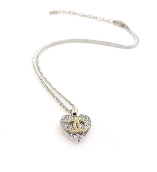 Chanel Two Tone Full Rhinestone Heart Necklace