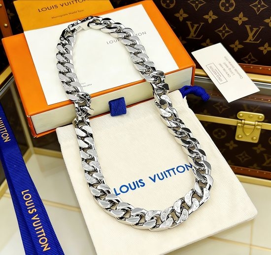 Louis Vuitton LV Monogram Silver Chain Necklace with Pendant