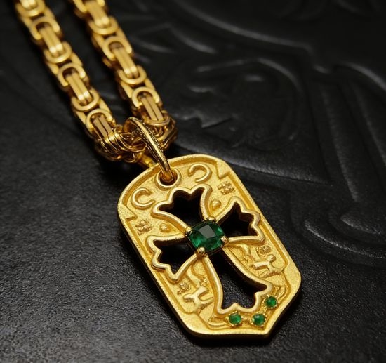 Chrome Hearts Green Crystal Cross Pendant Necklace