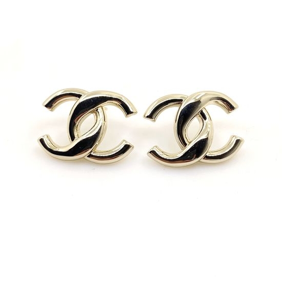 Chanel Light Gold Logo Stud Earrings Brass Jewelry