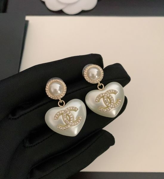 Chanel White Heart Pearl Earrings